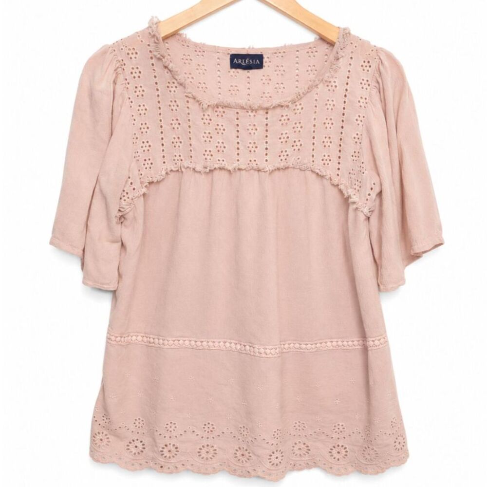 Artesia Blush Pink Embroidered Eyelet Peasant Blouse Women's M Boho Cottagecore